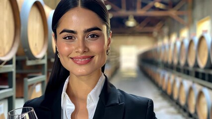 Enchanting Winemaker in the Cellar: A confident and sophisticated sommelier, holding a glass of exquisite wine.