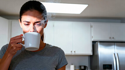 Woman enjoys a steaming cup of coffee in her modern kitchen with white cabinets and stainless steel appliances on a bright morning enjoying the aroma and warmth of the beverage