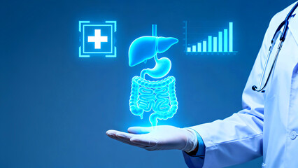 Doctor presents digestive system hologram with medical cross and data graph on a blue background showcasing healthcare technology and innovation in gastroenterology and medical research