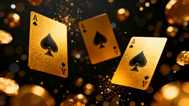 Golden ace of spades cards float amidst glittering bokeh lights creating a luxurious and exciting gambling theme perfect for casino promotions or highstakes poker events with a touch of elegance