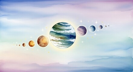 Watercolor depiction of the solar system with planets in alignment.