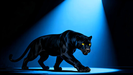 Striking black panther with glowing yellow eyes prowls under a dramatic blue spotlight creating a powerful and captivating wildlife scene perfect for backgrounds and designs