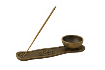 Incense stick burning on a bronze lotus flower holder, promoting aromatherapy, meditation, and relaxation, transparent background