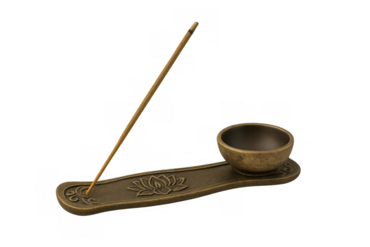 Incense stick burning on a bronze lotus flower holder, promoting aromatherapy, meditation, and relaxation, transparent background