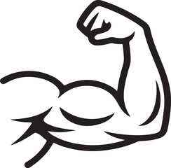 Black and white line art illustration of a flexed bicep muscle on a white background strength