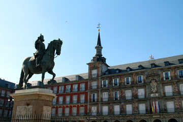 Equestrian statue of King Philip III at Plaza Mayor, Madrid, Spain. Taken in July 2024.