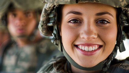 A female soldier with a bright smile stands in front of her comrades, showcasing camaraderie and readiness during military training. Army and war concept. Generative AI.