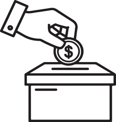 Hand dropping dollar coin into donation box with slot and dollar sign money