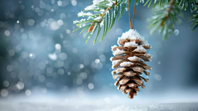 Winter's Embrace: A frosted pinecone adorns a snow-kissed evergreen branch, evoking a serene ambiance of cold season.