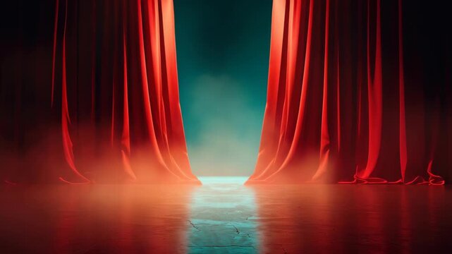 Curtain call: A captivating theatrical scene unveils, with vibrant red curtains framing a mysterious stage bathed in soft light, inviting viewers to imagine what lies beyond. 