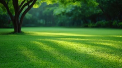 Obraz premium Tranquil Green Lawn Under Sunlight with Soft Shadows from Trees in a Serene Outdoor Setting for Relaxation and Nature Enthusiasts