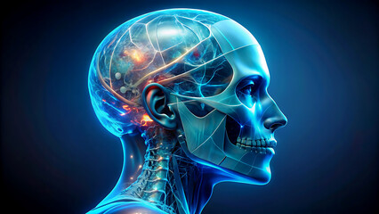 Human head with visible brain and skeleton anatomical illustration concept for medical research and neuroscience