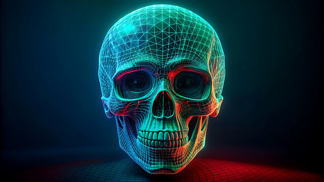 Futuristic skull with glowing mesh a digital illustration for technology and science themes presented on a dark background