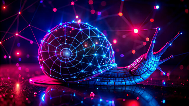 Cyberpunk snail with glowing network shell futuristic technology concept digital art illustration