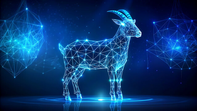 Digital goat illustration futuristic polygonal design on a blue background technology concept