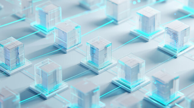 Illuminated interconnected blocks in a digital grid, illustrating secure data exchange and the complex IT infrastructure that forms the backbone of modern technology