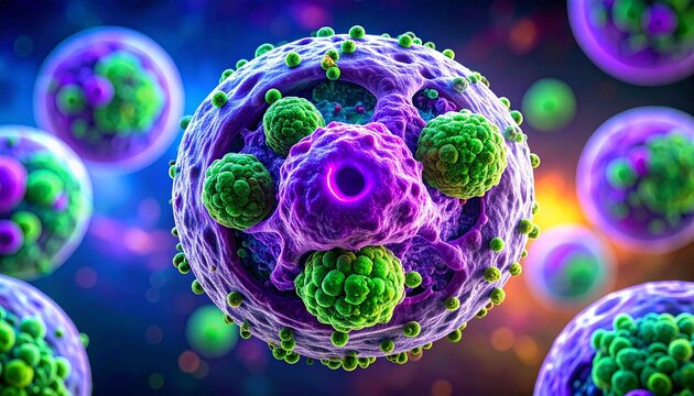 The image shows cytotoxic T cells and targeted cells, exhibiting a detailed cellular interaction in vibrant