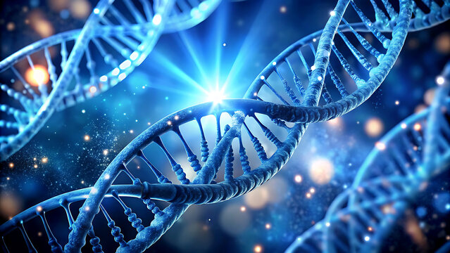 DNA double helix structure with a bright light representing genetics heredity and the blueprint of life for science and medicine applications