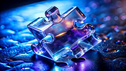 Close-up of a transparent jigsaw puzzle piece illuminated with blue and purple light representing connection and problem-solving