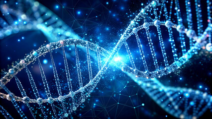 DNA molecule structure with glowing elements a scientific illustration for genetics and biotechnology research isolated on a dark blue background