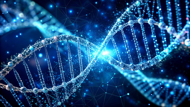 DNA molecule structure with glowing elements a scientific illustration for genetics and biotechnology research isolated on a dark blue background