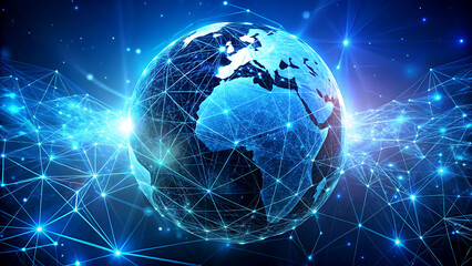 Global network connection with Earth abstract technology background with glowing lines and dots representing worldwide communication and data transfer