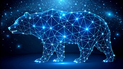Abstract polygonal bear illustration glowing blue constellation style representing financial market downturn and bearish trend