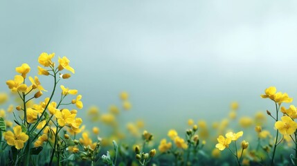 Obraz premium Vibrant Yellow Wildflowers Blooming in a Softly Blurred Background Underneath an Overcast Sky During Early Morning Light