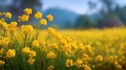 Fototapeta premium Vibrant Yellow Wildflowers Blooming in Spring Landscape with Soft Focus Background of Rolling Hills and Lush Greenery Under Clear Blue Sky