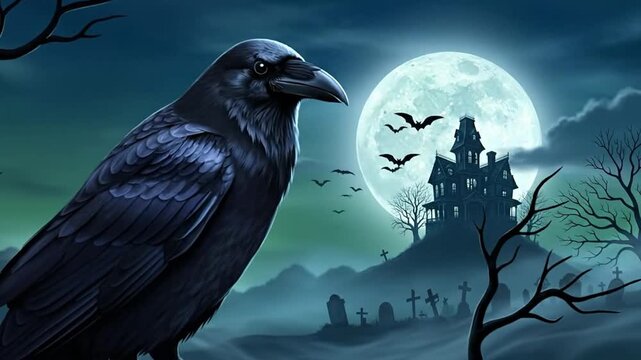 A raven stands before a haunted house under a full moon.