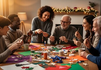 Diverse group of people enjoying a holiday craft making session together