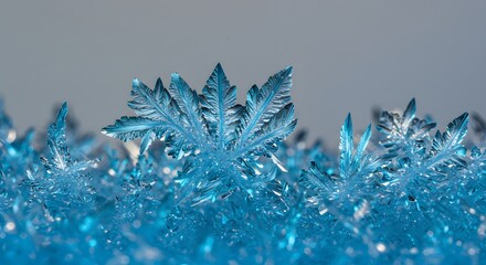Closeup of translucent crystalline structures possibly ice or minerals with intricate leaflike patterns against a blurred light gray background