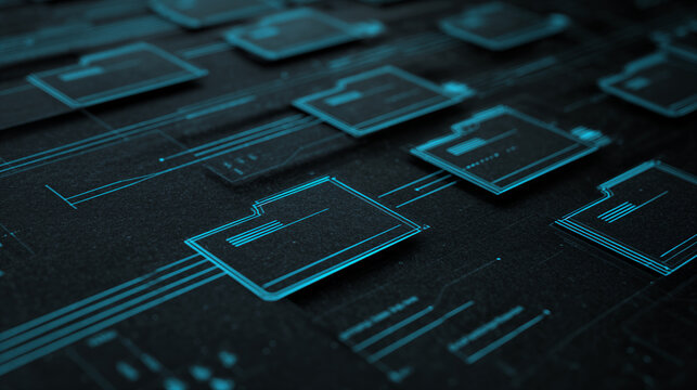 Conceptual IT & Technology Digital Folder Icons on a Circuit Board, Representing Data Storage and Networked Information