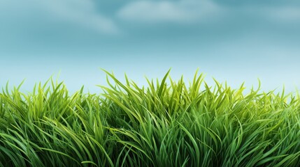 Fototapeta premium Lush Green Grass Against a Soft Blue Sky, Natural Landscape with Vibrant Vegetation and Calm Atmosphere for Outdoor and Nature Themes