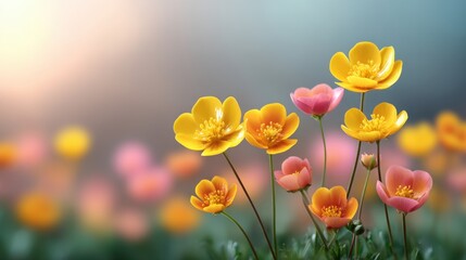 Fototapeta premium Vibrant Yellow and Pink Flowers in Bloom Against a Soft Pastel Background Highlighting the Beauty of Nature's Springtime Splendor