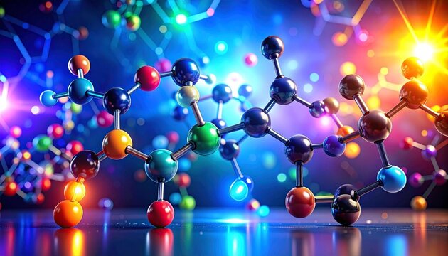 The image showcases a vibrant, reflective 3D model of a molecule against a blurred, colorful