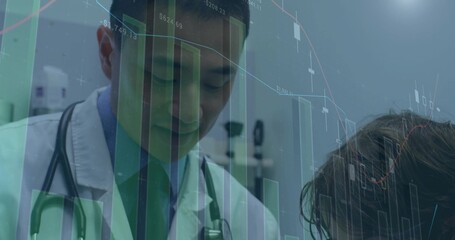 Listening physician in white lab coat and stethoscope leaning forward in clinic with data overlays