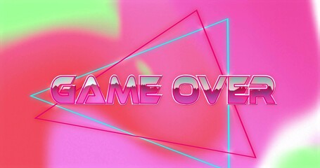 Glowing centered GAME OVER text filling synthwave art, showing neon triangles, chrome glow, shadow