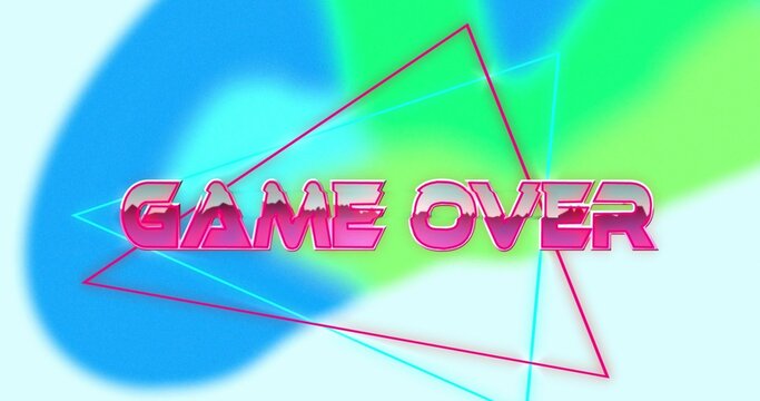 Showing pink GAME OVER lettering on poster, blue-green blurred gradients, magenta cyan triangles