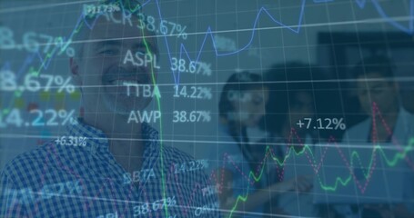 Presenting man wearing blue checked shirt and glasses leading meeting in office, with market charts