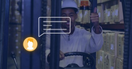 Giving thumbs-up forklift driver wearing white hardhat at controls in aisle with UI overlays
