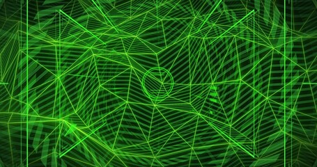 Displaying neon-green wireframe network centering on dark grid, showing central ring and hatches
