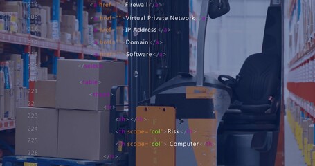 Showing powered pallet truck sitting right of aisle at warehouse, with blue pallet and code overlay
