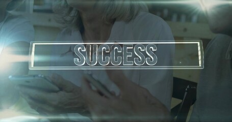 Holding smartphones, three senior adults tapping screens at cafe in casual clothes, SUCCESS overlay