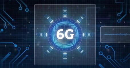 Displaying central 6G HUD graphic rotating on virtual interface, showing waveform panel right