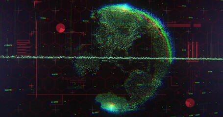 Projecting holographic point-cloud globe in HUD with horizontal waveform, hex-grid, red gauges