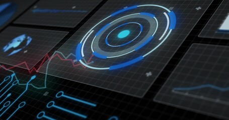 Displaying circular HUD on digital dashboard, with data panels, red-green waveform and neon traces