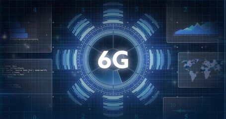 Displaying central circular HUD showing 6G in network UI, glowing rings and floating panels