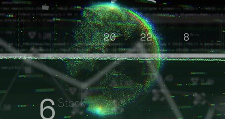 Spinning particle globe pulsing in dark HUD showing Stock label 20,22,8,6 graph axes scan noise
