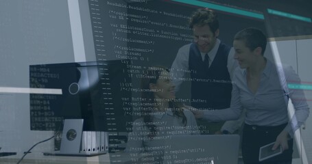 Leaning coworkers in shirts, vest pointing and reviewing with code overlay at office, with laptop